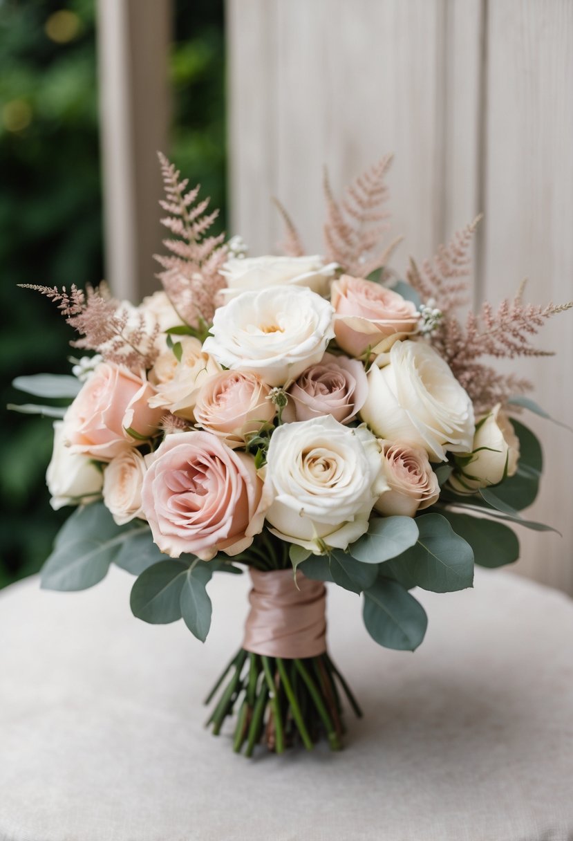 A vintage-inspired wedding bouquet featuring blush and white roses, accented with dusty rose foliage