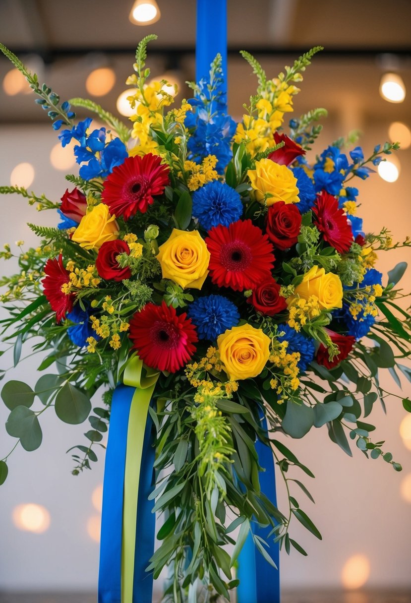 Vibrant flowers in red, yellow, and blue arranged in a cascading bouquet, with greenery and ribbons