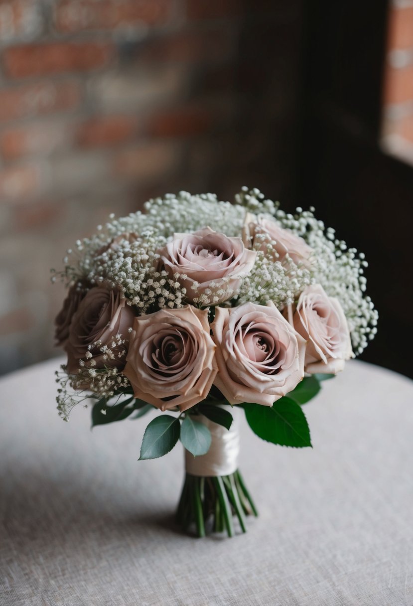 A romantic dusty rose wedding bouquet with delicate baby's breath