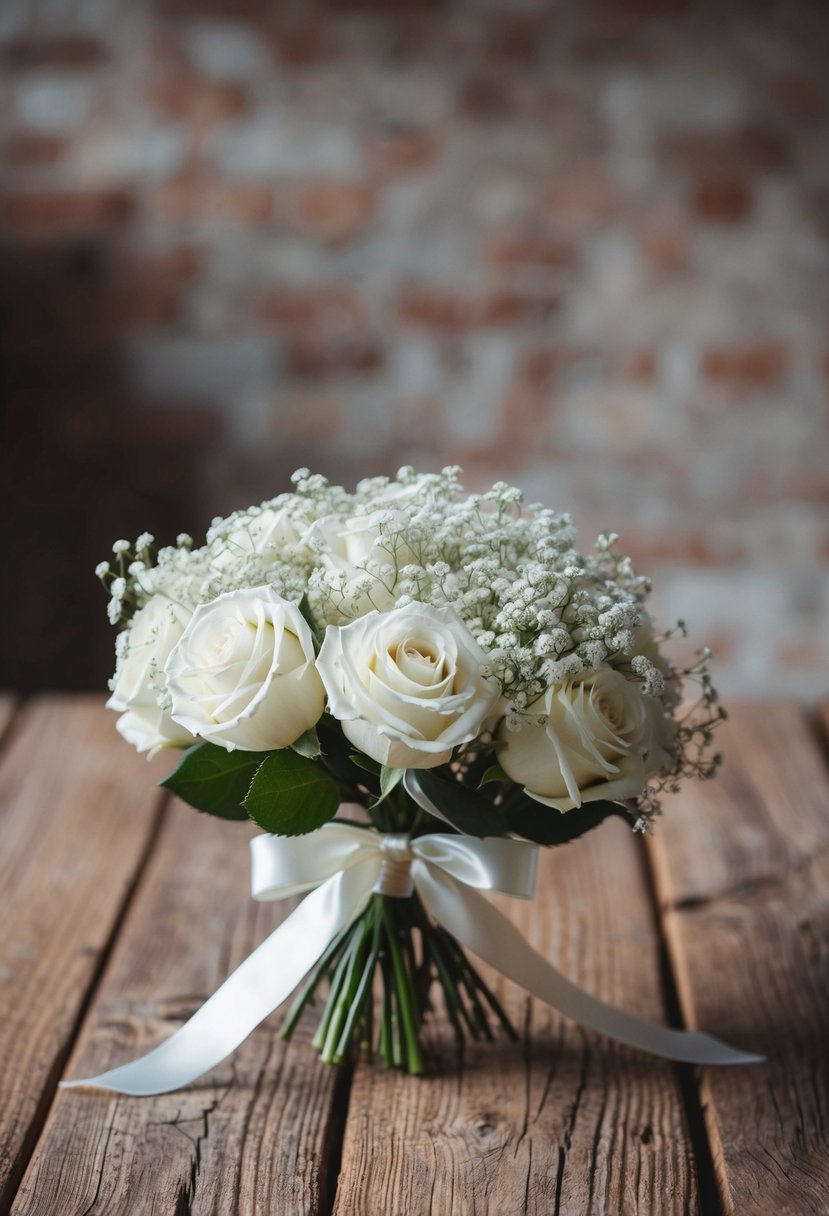 A small bouquet of white roses and baby's breath tied with a satin ribbon rests on a rustic wooden table