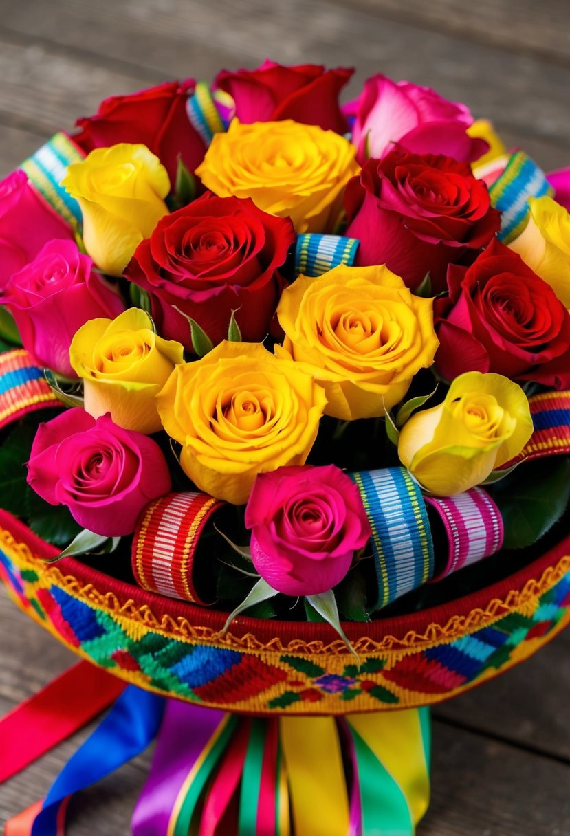 Vibrant red, yellow, and pink roses arranged with colorful ribbons and traditional Mexican embroidery accents