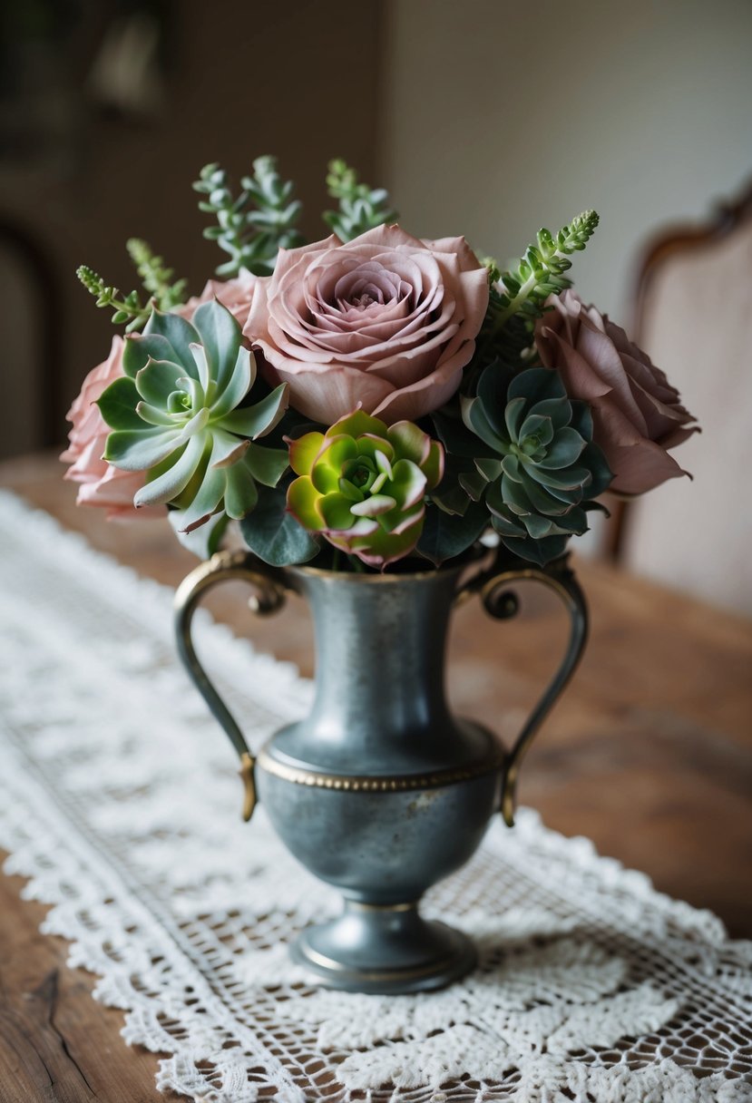 A dusty rose bouquet with succulents in a vintage vase on a lace table runner