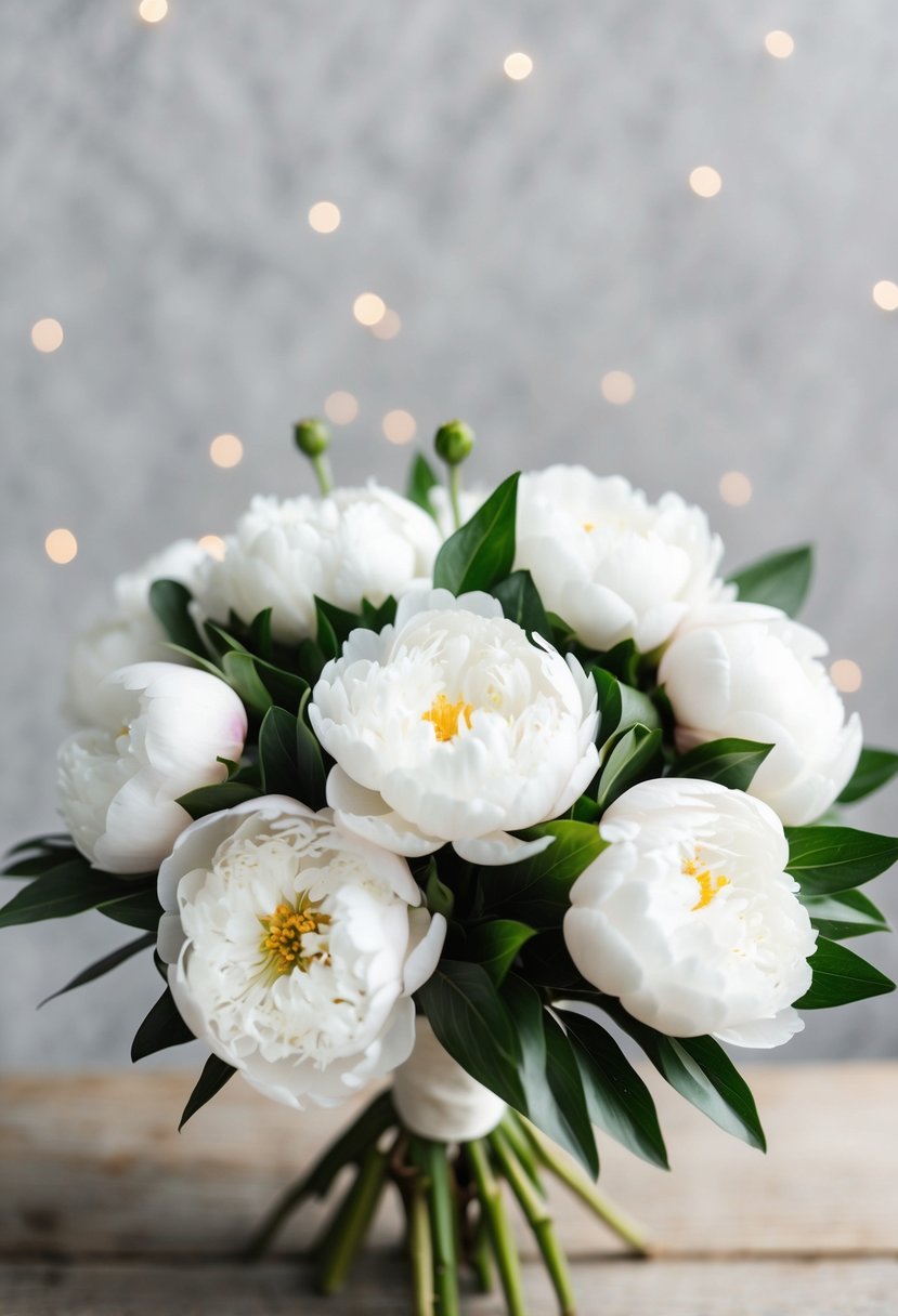 A small, elegant bouquet of white peonies arranged in a simple and timeless manner