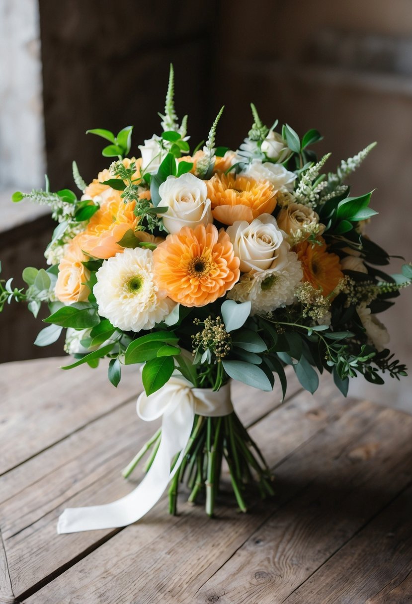 A vibrant bouquet of apricot and ivory flowers, accented with lush greenery and tied with a delicate ribbon, sits on a rustic wooden table