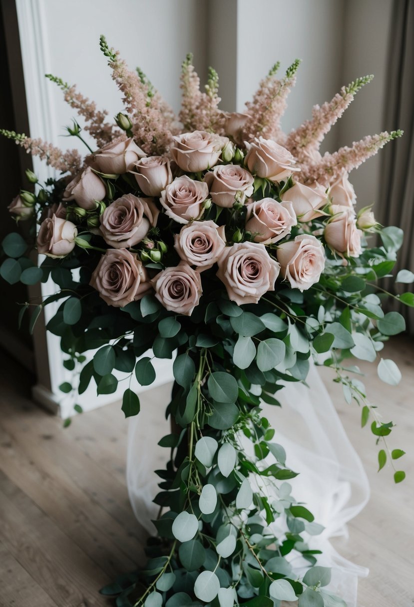 A lush bouquet of dusty rose roses arranged in an elegant, cascading style for a wedding