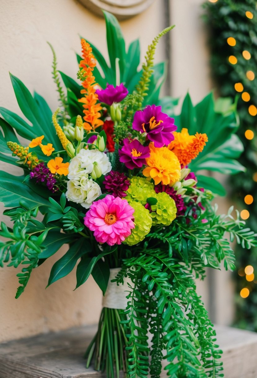 Vibrant green foliage intertwined with colorful Mexican flowers in a traditional wedding bouquet