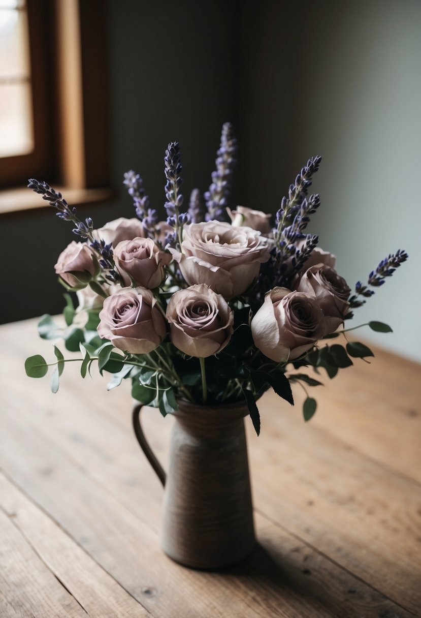 A delicate bouquet of dusty rose and lavender flowers arranged in a rustic vase on a wooden table