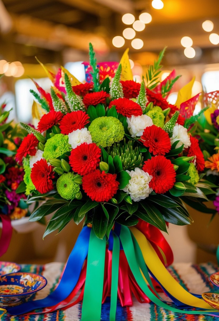 A vibrant bouquet of red, green, and white flowers arranged in a traditional Mexican style, with accents of colorful ribbons and papel picado