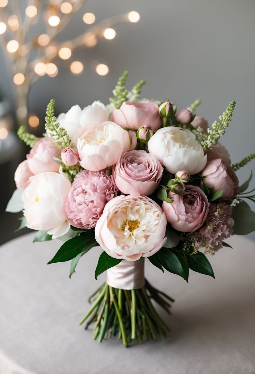 A bouquet of soft pink roses and dusty rose peonies arranged in an elegant wedding bouquet