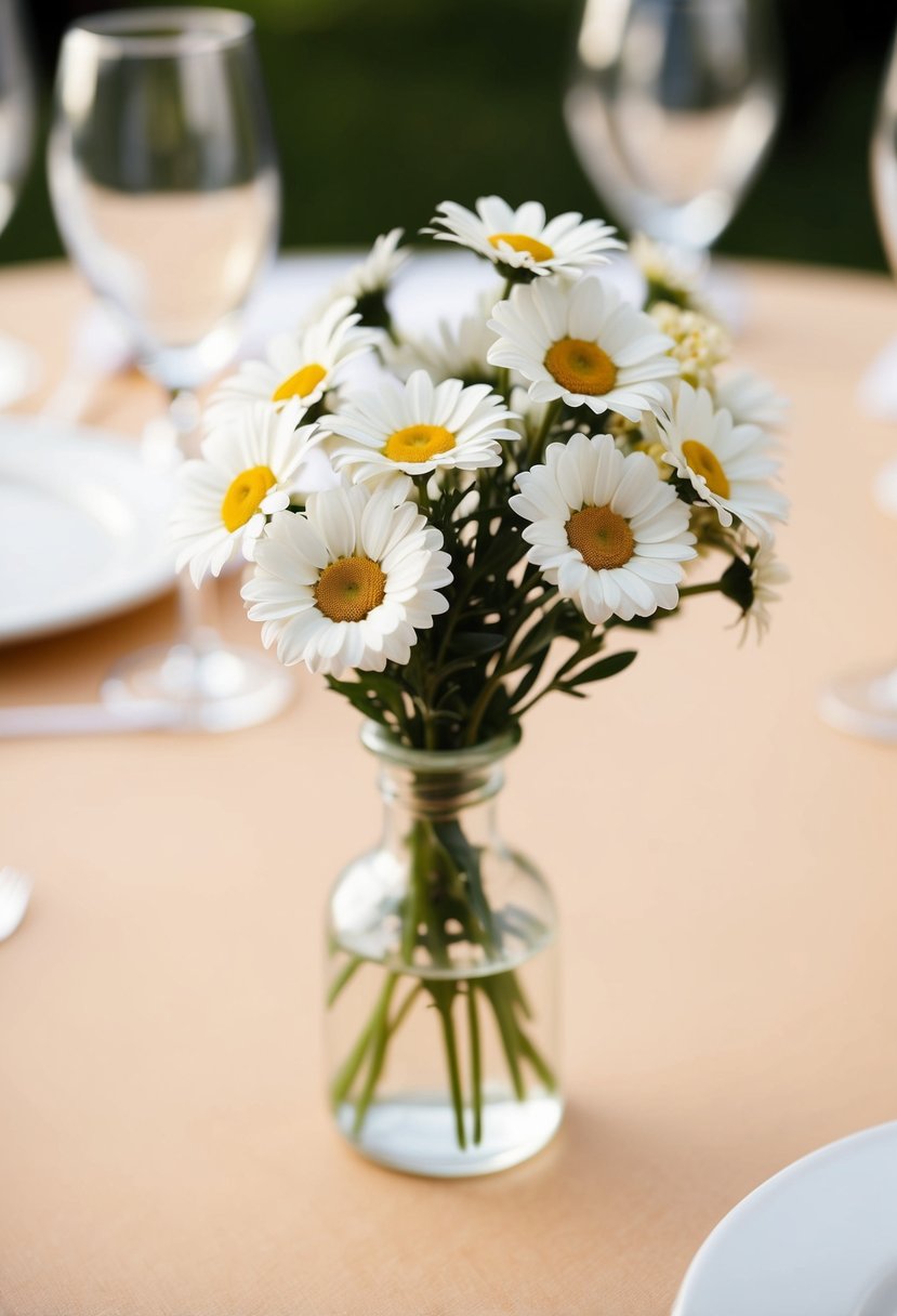 A small bouquet of miniature daisies in a simple glass vase, adding a pop of color to a wedding table