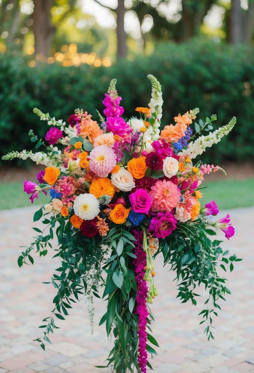 Vibrant boho blooms arranged in a cascading Mexican wedding bouquet