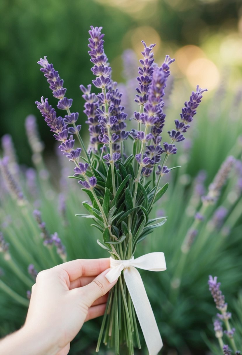 A small bouquet of lavender stems tied with a simple ribbon, emitting a delicate fragrance