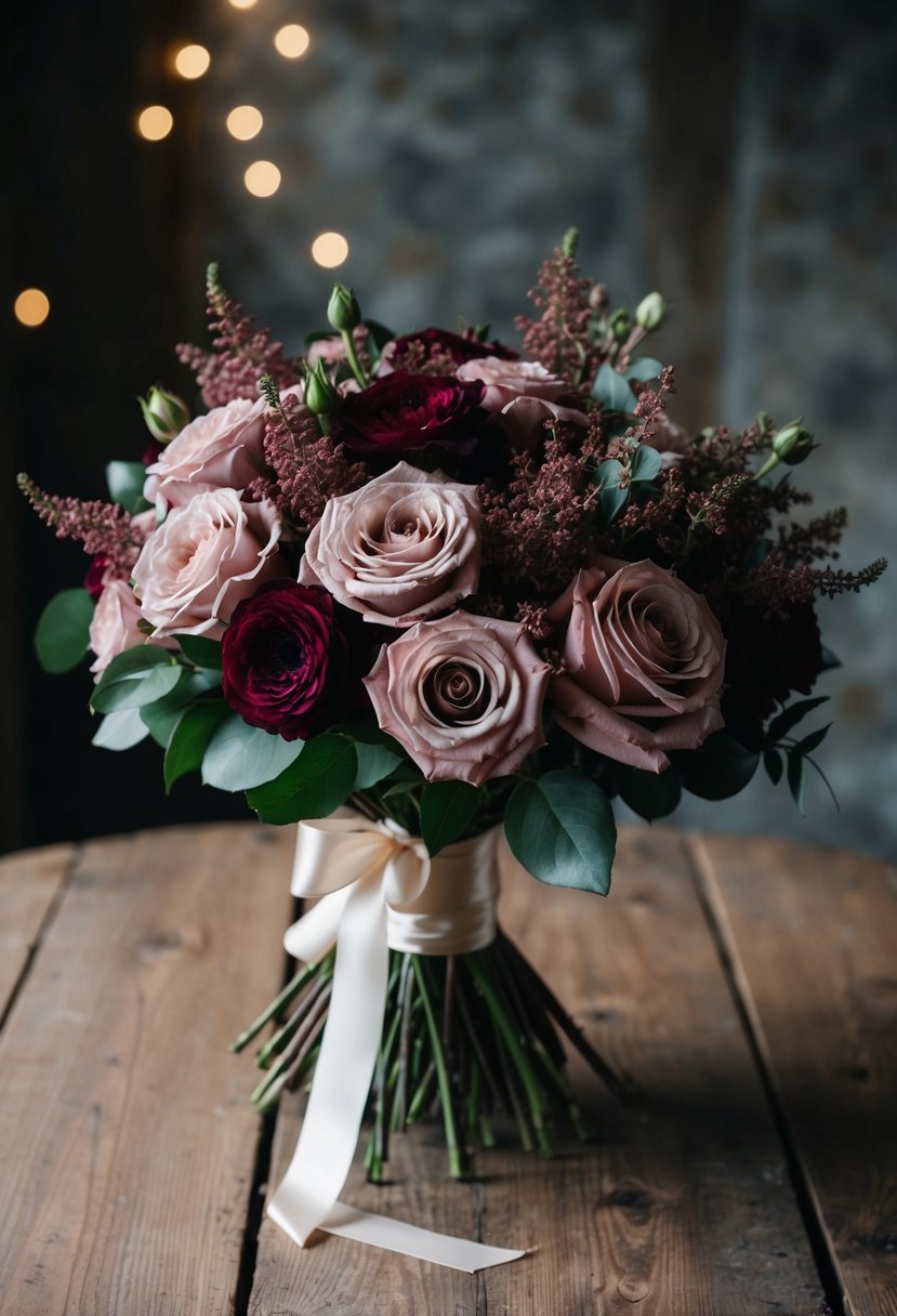 A lush bouquet of dusty rose and burgundy flowers, tied with a satin ribbon, sits on a rustic wooden table