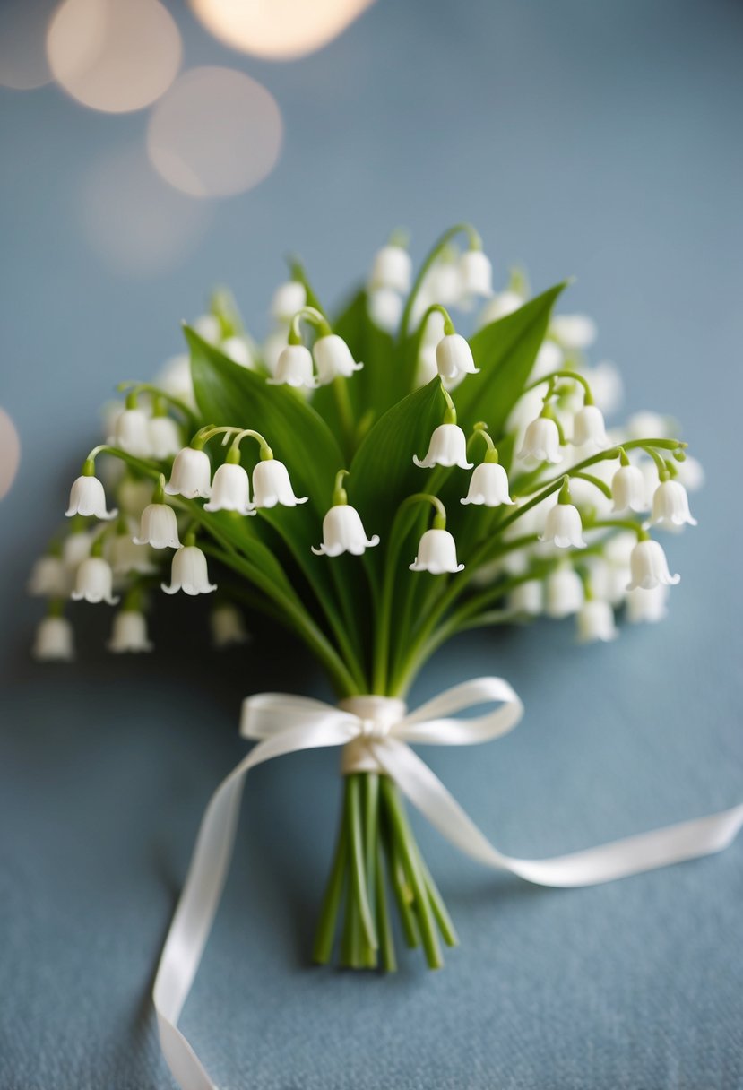 A small vintage wedding bouquet with delicate Lily of the Valley flowers tied with a simple ribbon