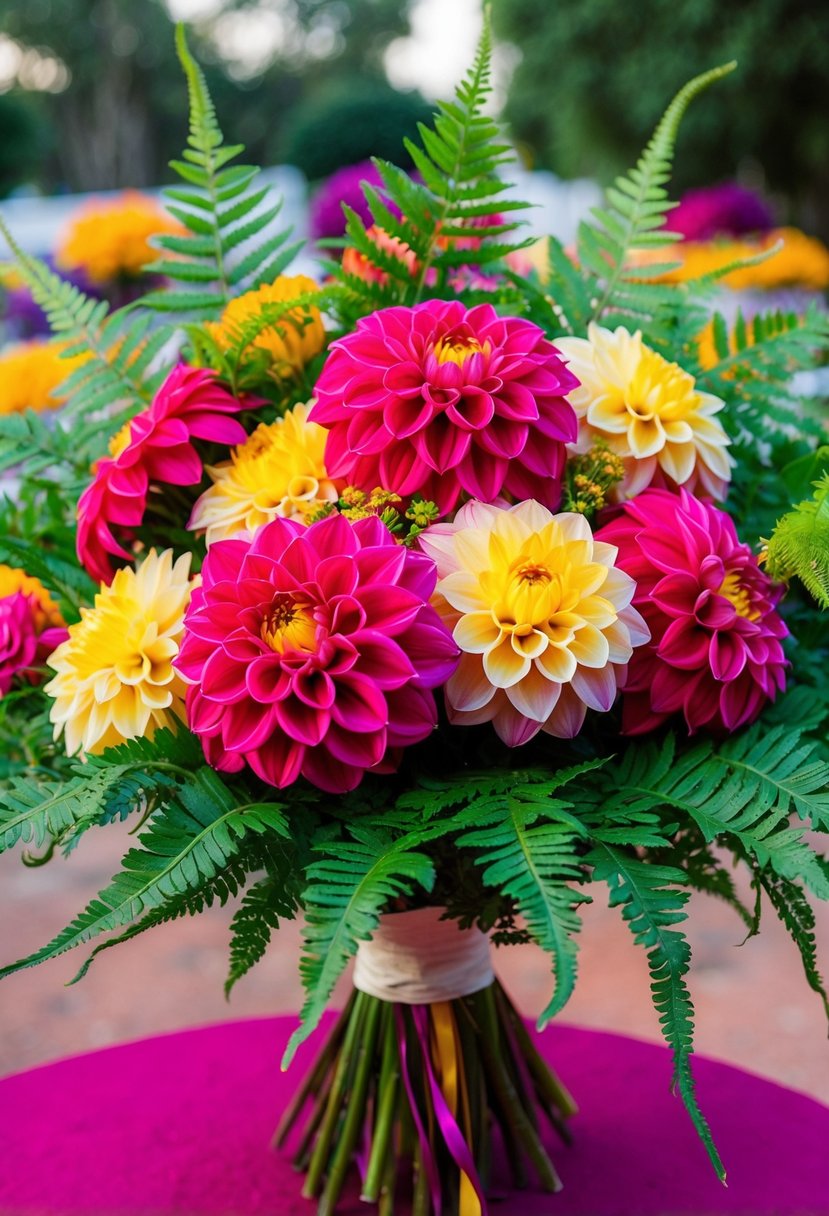 Vibrant dahlias intertwined with lush ferns in a colorful Mexican wedding bouquet