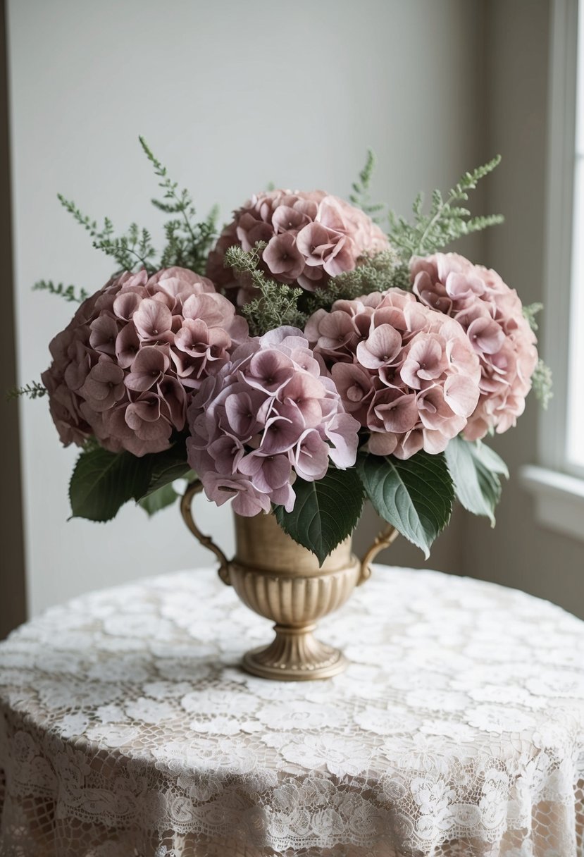 A bouquet of dusty rose hydrangeas, accented with delicate greenery, sits in a vintage vase on a lace-covered table