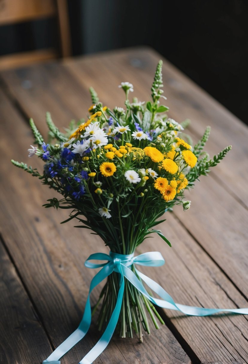 A small bouquet of wildflowers tied with ribbons, resting on a rustic wooden table