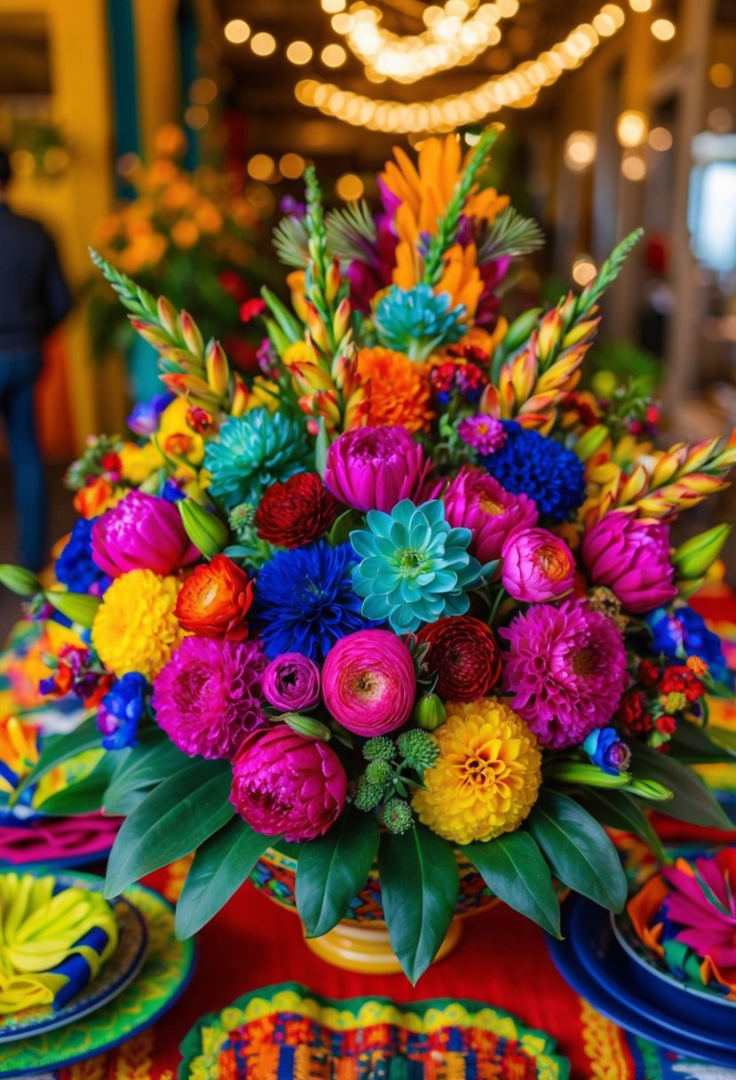 Vibrant floral arrangements with traditional Mexican colors and patterns, inspired by festive Mexican celebrations