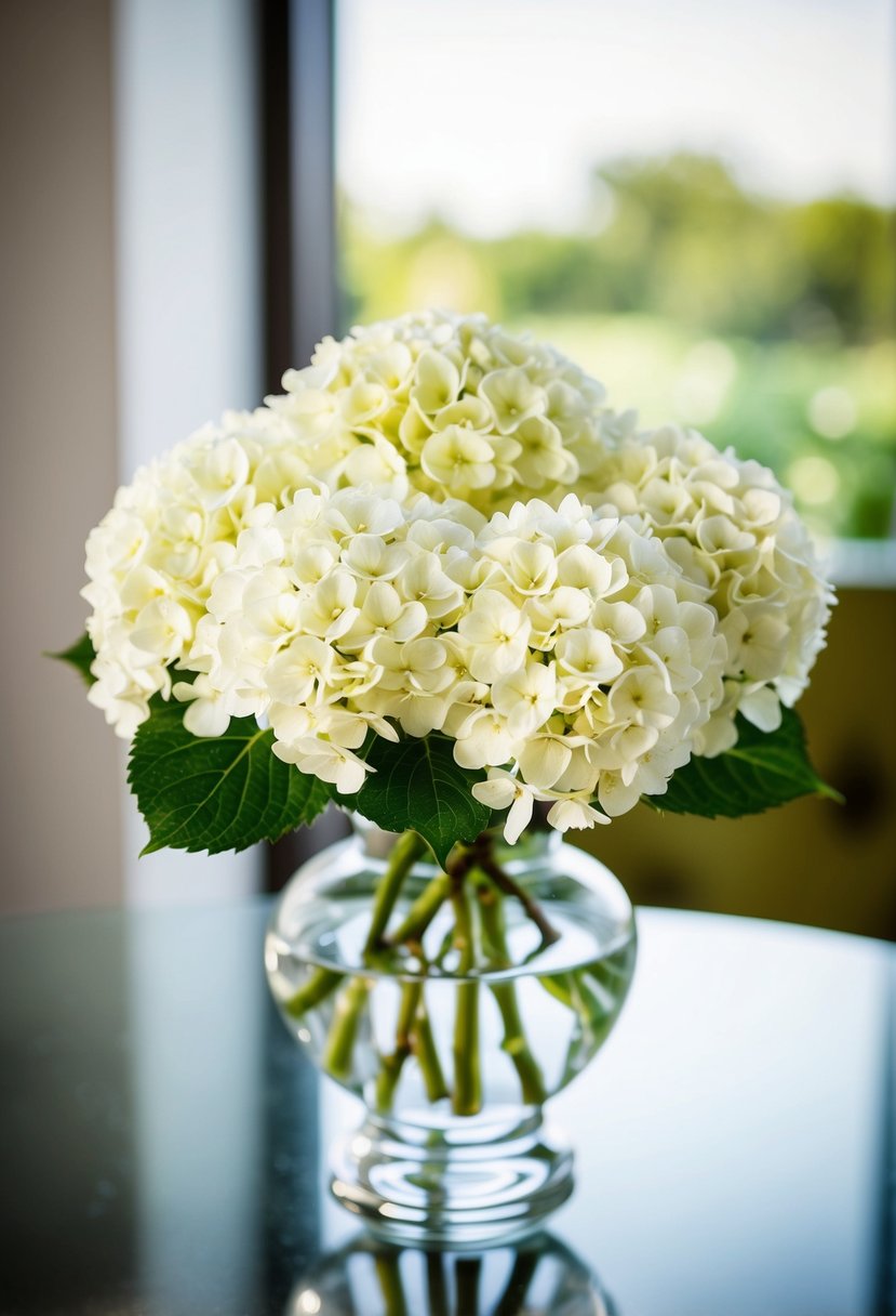 A small bouquet of white hydrangeas sits in a clear glass vase, exuding a sense of crisp elegance