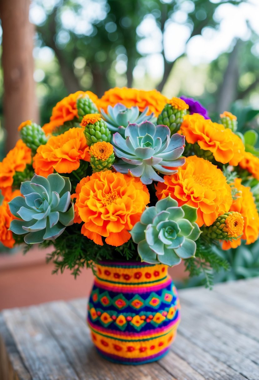 A vibrant bouquet of marigolds and succulents arranged in a traditional Mexican style, with bright colors and intricate patterns