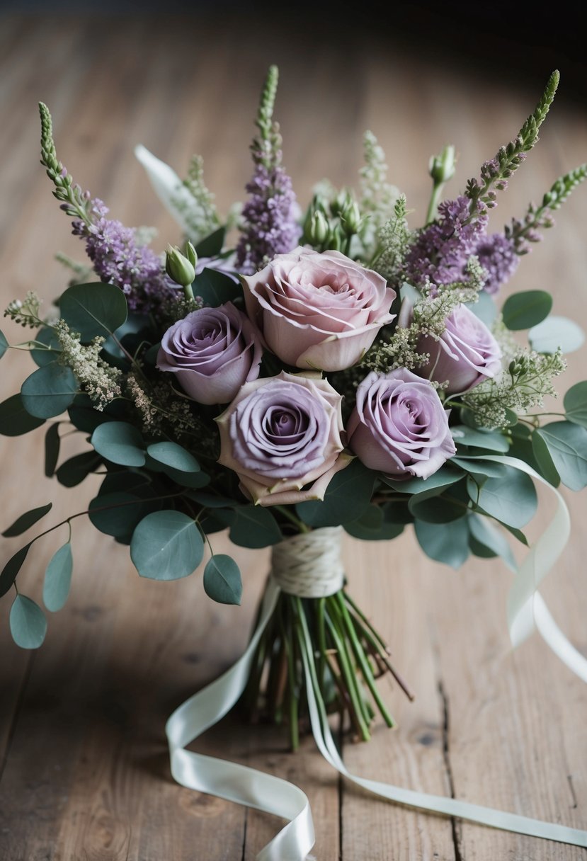 A bouquet of dusty rose and lilac flowers arranged in a rustic, elegant style with trailing greenery and delicate ribbon accents