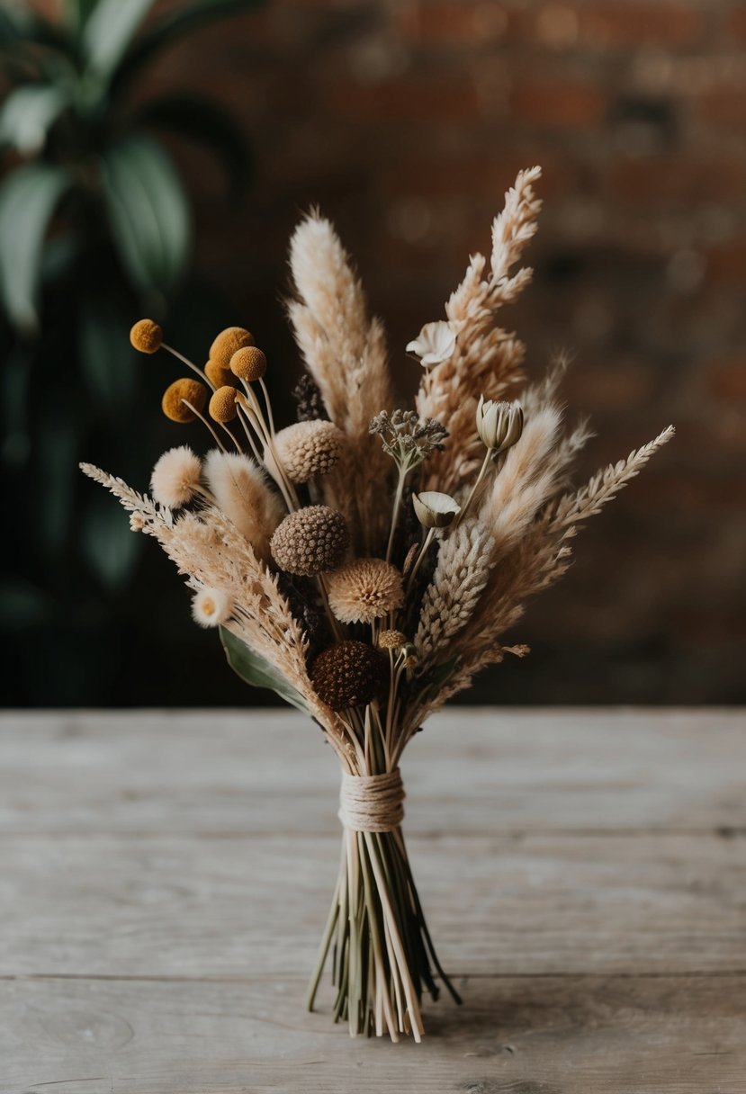 A small, simple bouquet of dried flowers arranged in a bohemian style, featuring earthy tones and wild, organic shapes