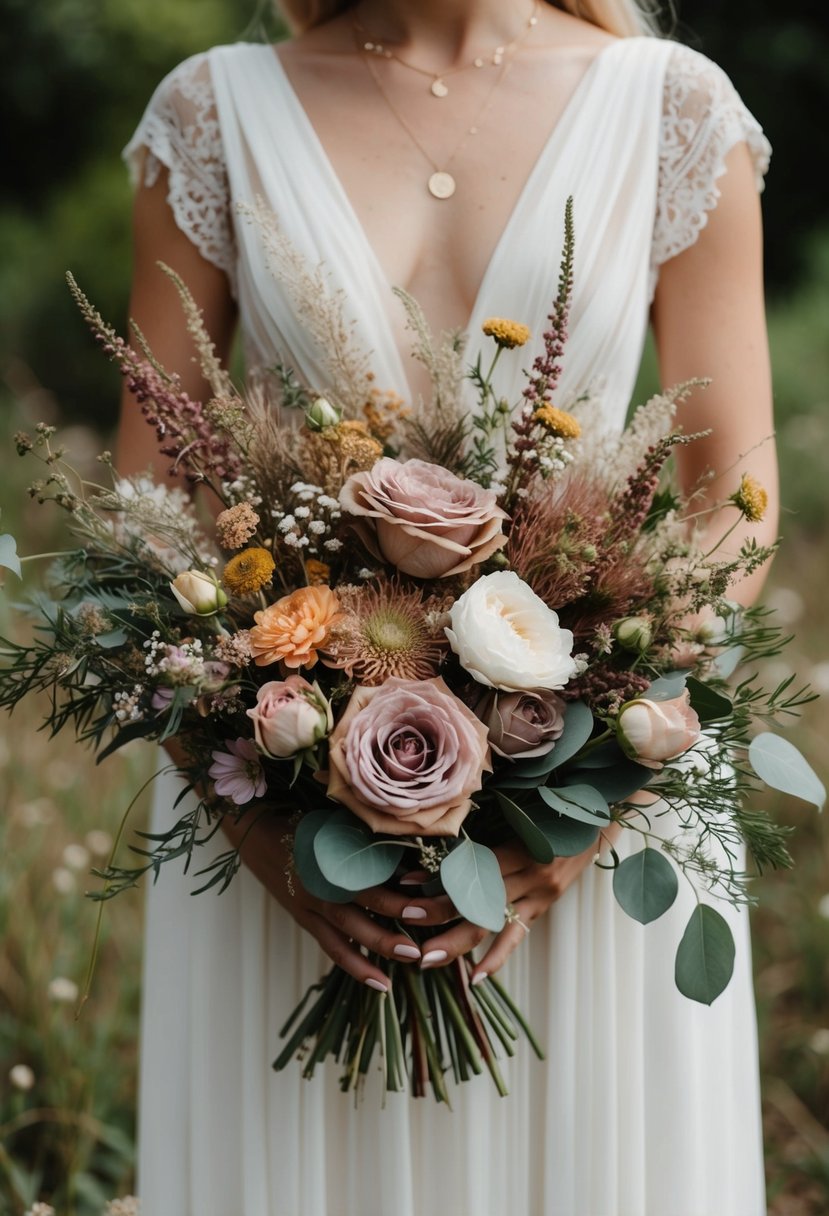 A whimsical mix of dusty rose and wildflowers arranged in a bohemian-style wedding bouquet, with a loose and organic feel