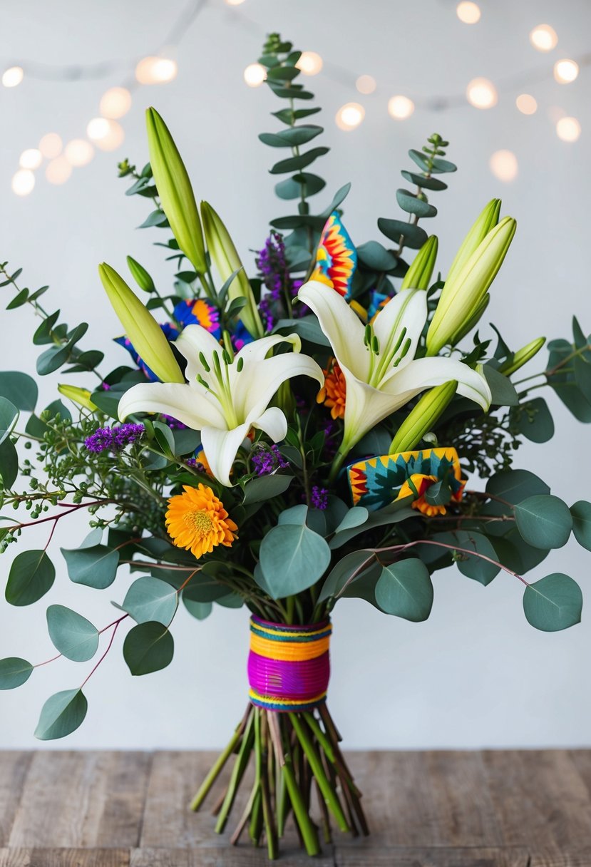 A bouquet of eucalyptus and lilies intertwined with vibrant Mexican-inspired colors and patterns