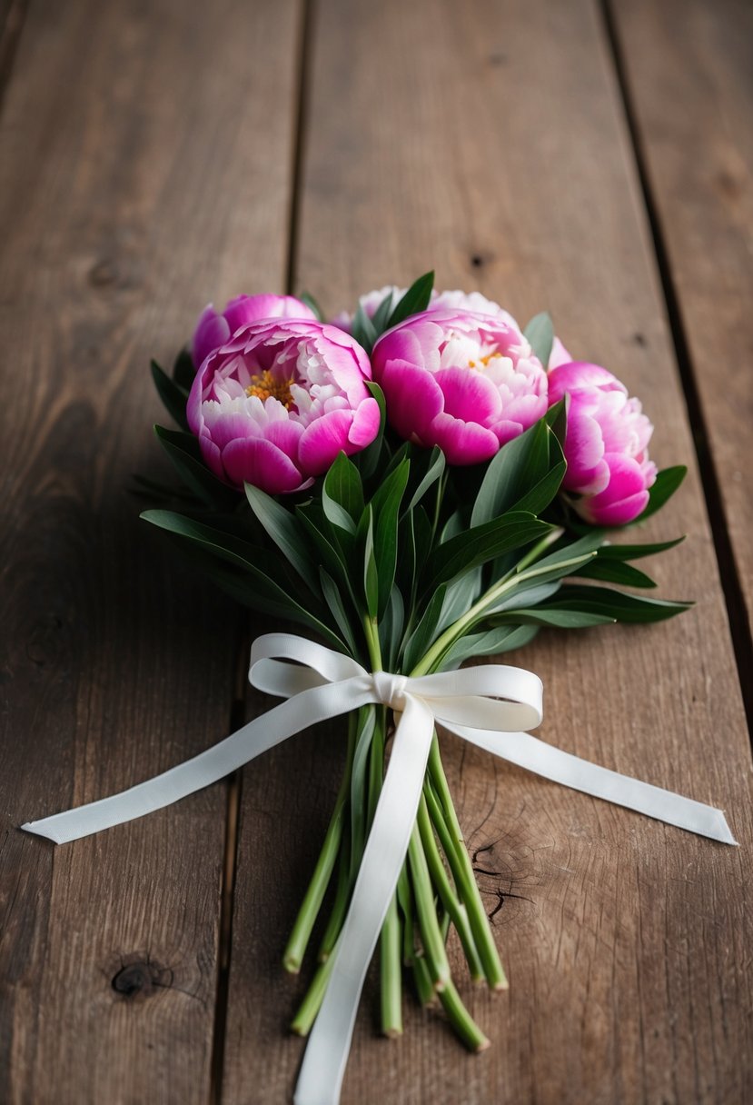 A small bunch of sweet peonies tied with ribbon, resting on a rustic wooden table