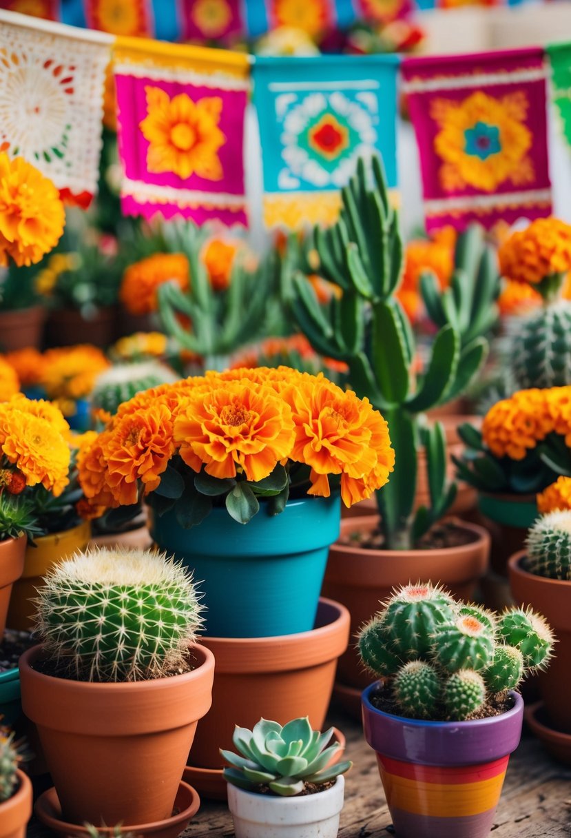 Vibrant marigolds, succulents, and cacti arranged in colorful terracotta pots, with papel picado banners fluttering in the background