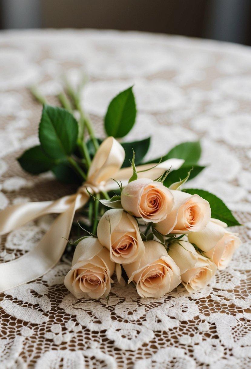 A small cluster of delicate roses tied with a satin ribbon, resting on a lace tablecloth