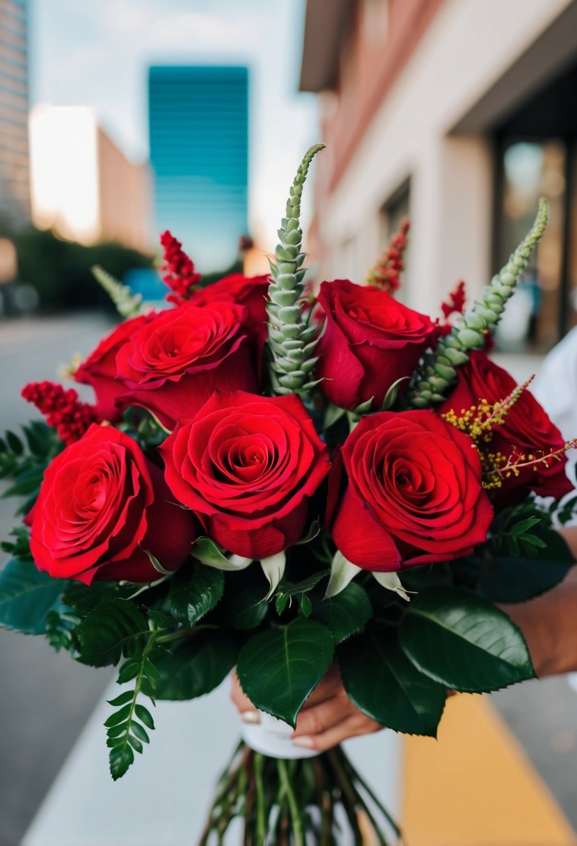 A classic red rose bouquet with modern elements, incorporating vibrant Mexican colors and textures