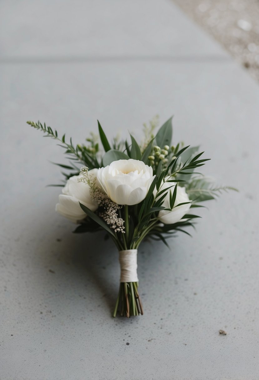 A small, simple wedding bouquet featuring greenery and grass, with a minimalist design