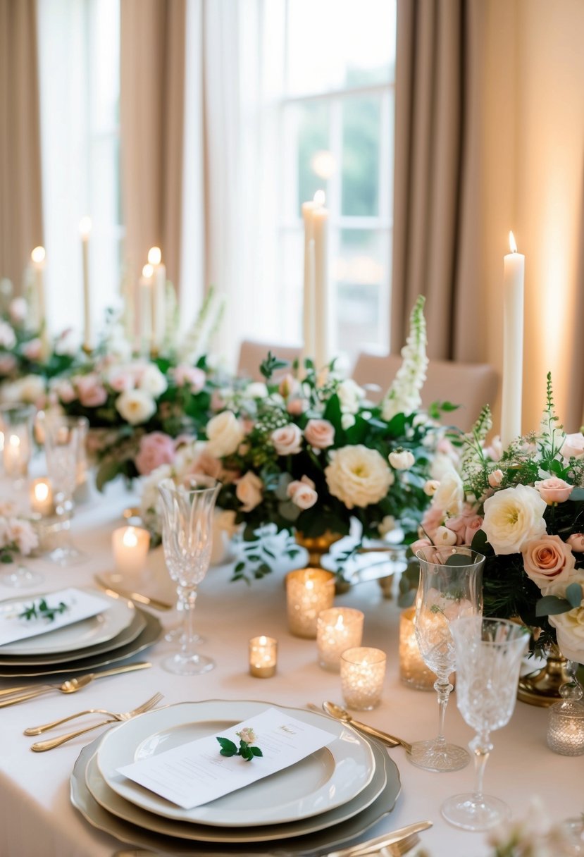 A table adorned with floral centerpieces, elegant candle holders, and delicate place settings, creating a romantic and sophisticated atmosphere for a wedding celebration