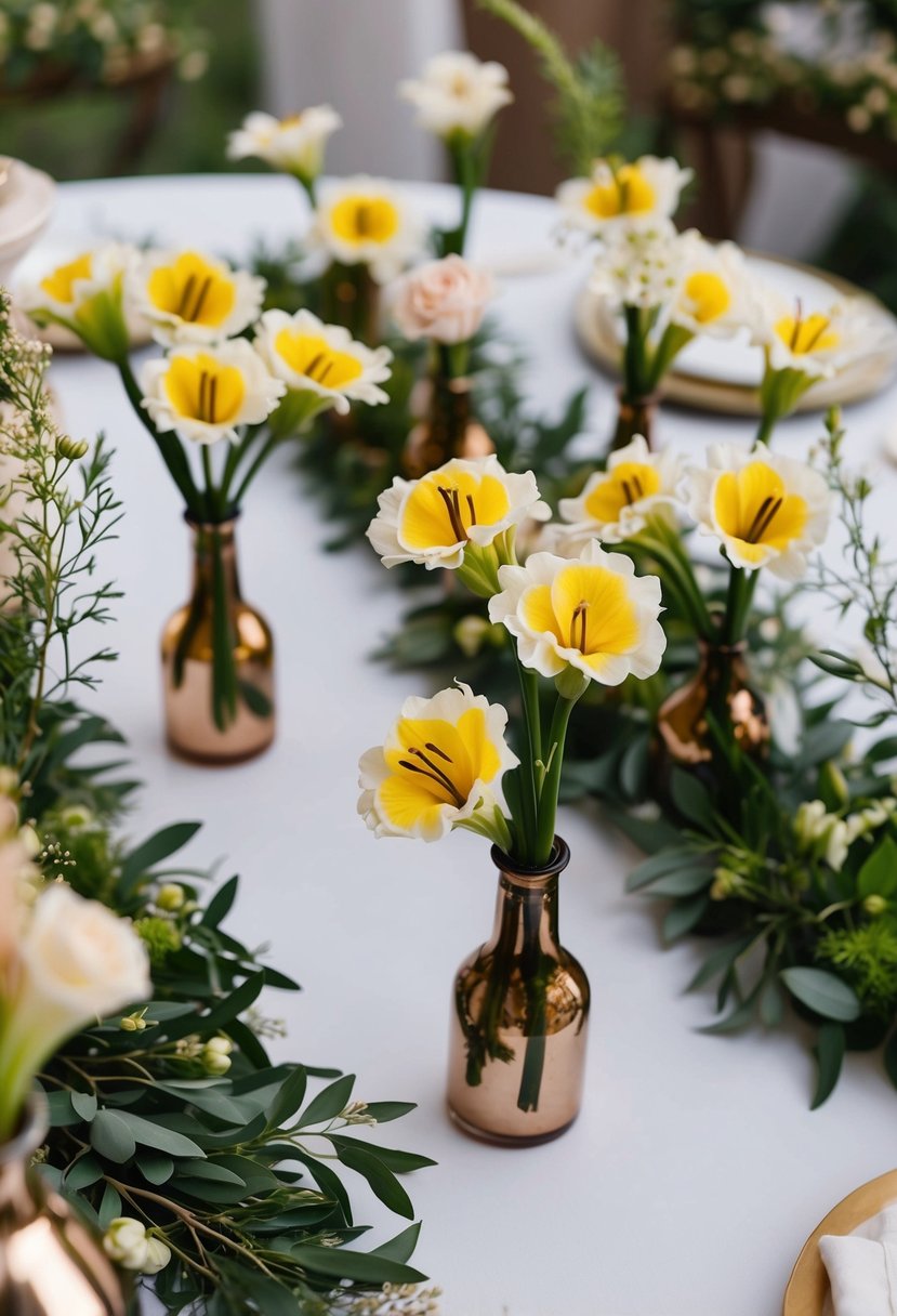 A table with mini alstroemeria arrangements in small vases, surrounded by greenery and delicate floral accents