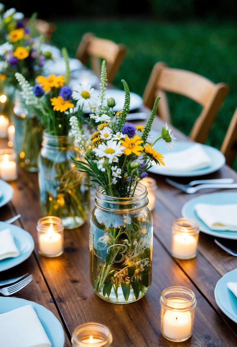 A wooden table adorned with mason jar centerpieces filled with wildflowers and surrounded by flickering tea light candles