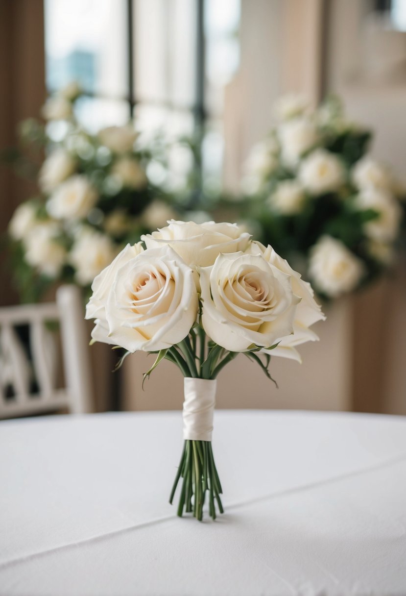 A small, simple wedding bouquet of elegant white rose stems