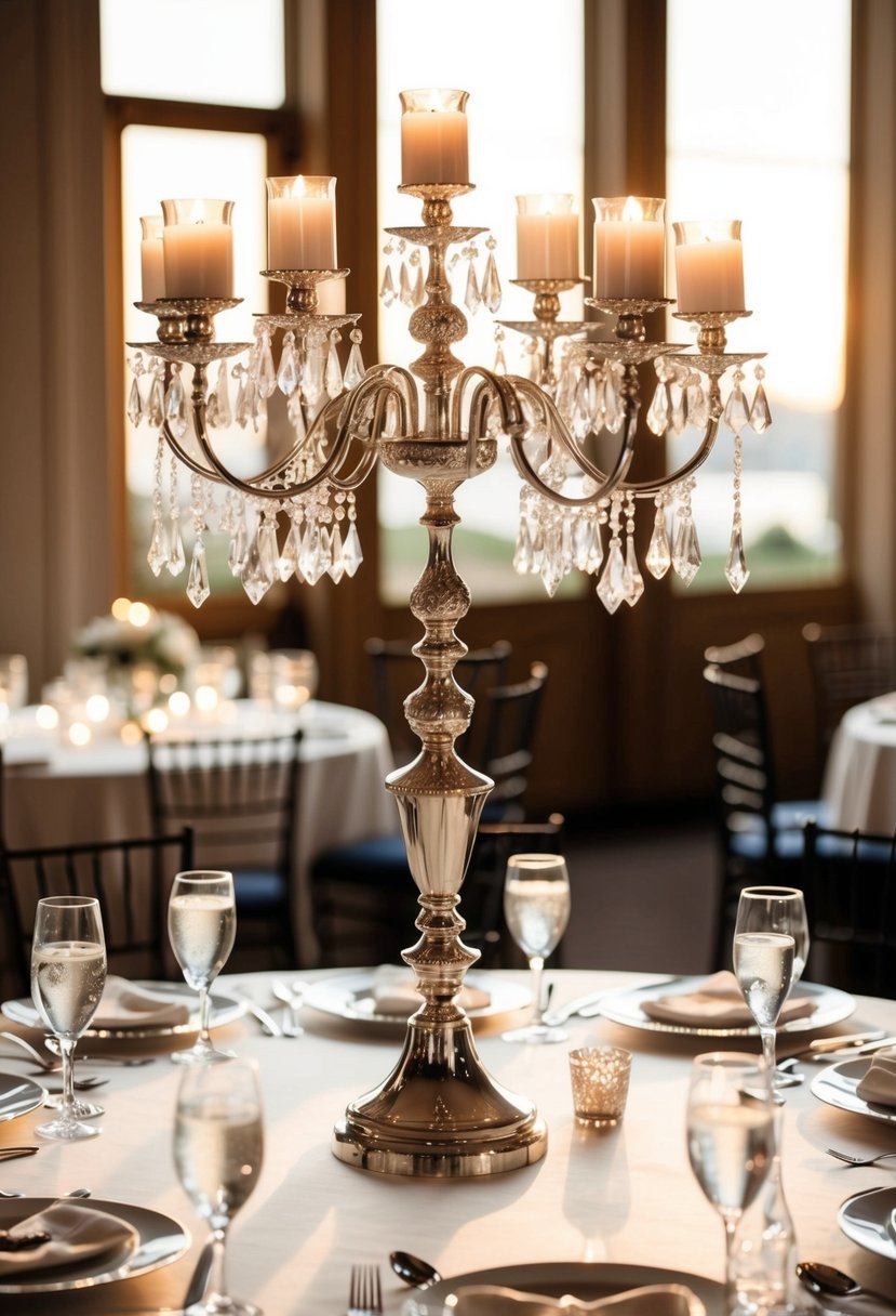 An elegant candelabra adorned with hanging crystals, casting a shimmering glow on a beautifully set wedding table