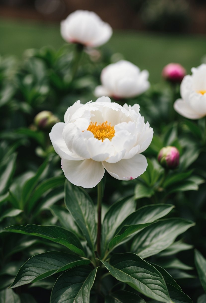 A single bloom of delicate white peony surrounded by lush green foliage