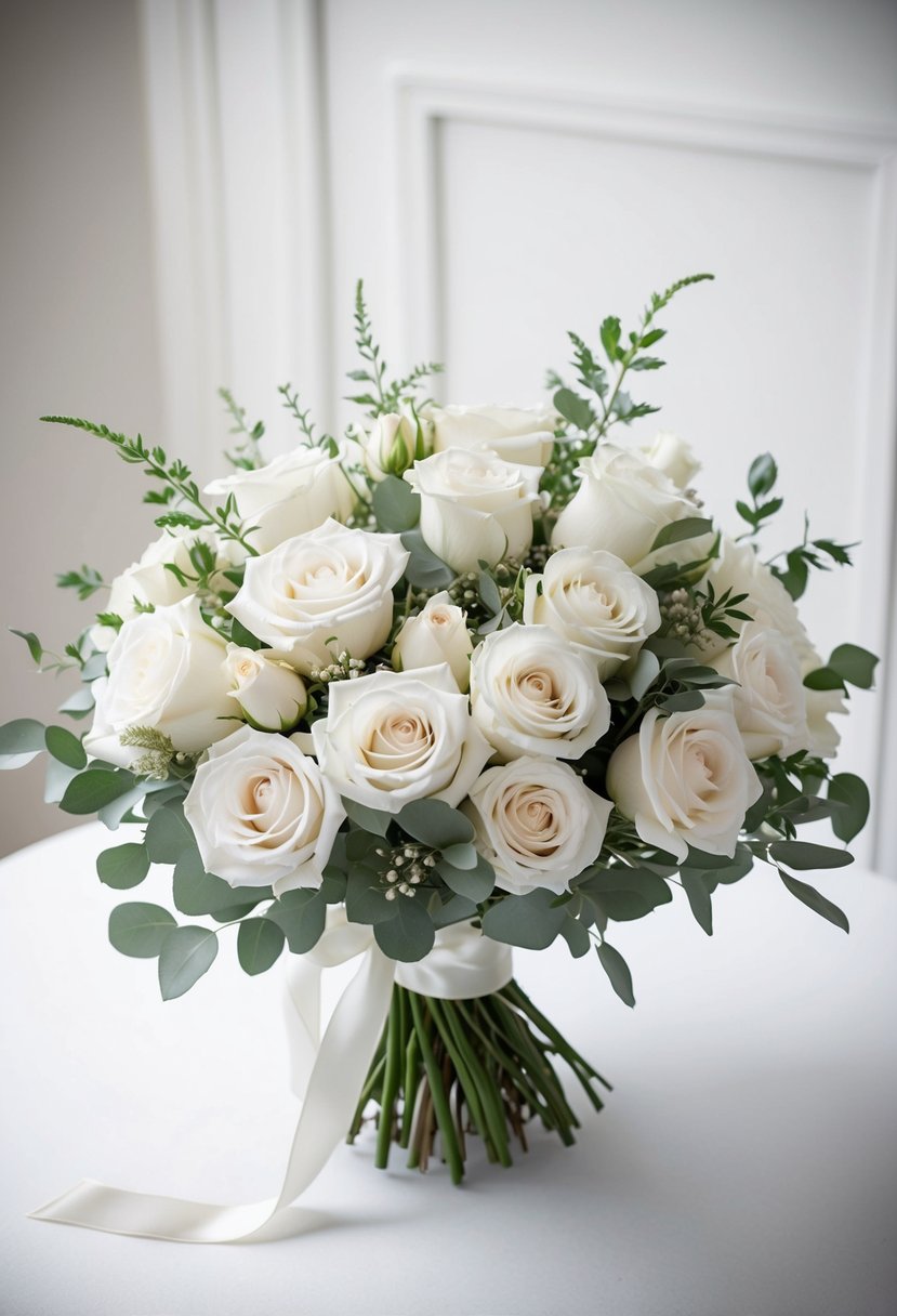 A pristine white wedding bouquet of roses, with delicate greenery and ribbon, arranged in a classic and elegant style