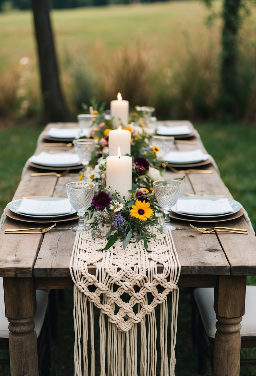 A boho chic macramé table runner draped across a rustic wooden table, adorned with wildflowers and candles, creating a romantic wedding centerpiece