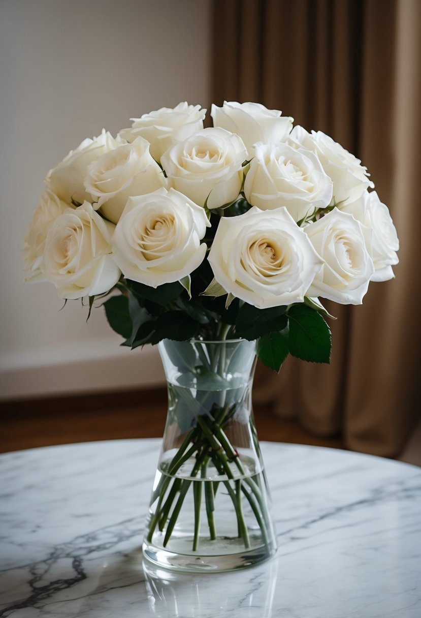 A classic white rose bouquet arranged in a glass vase on a marble tabletop