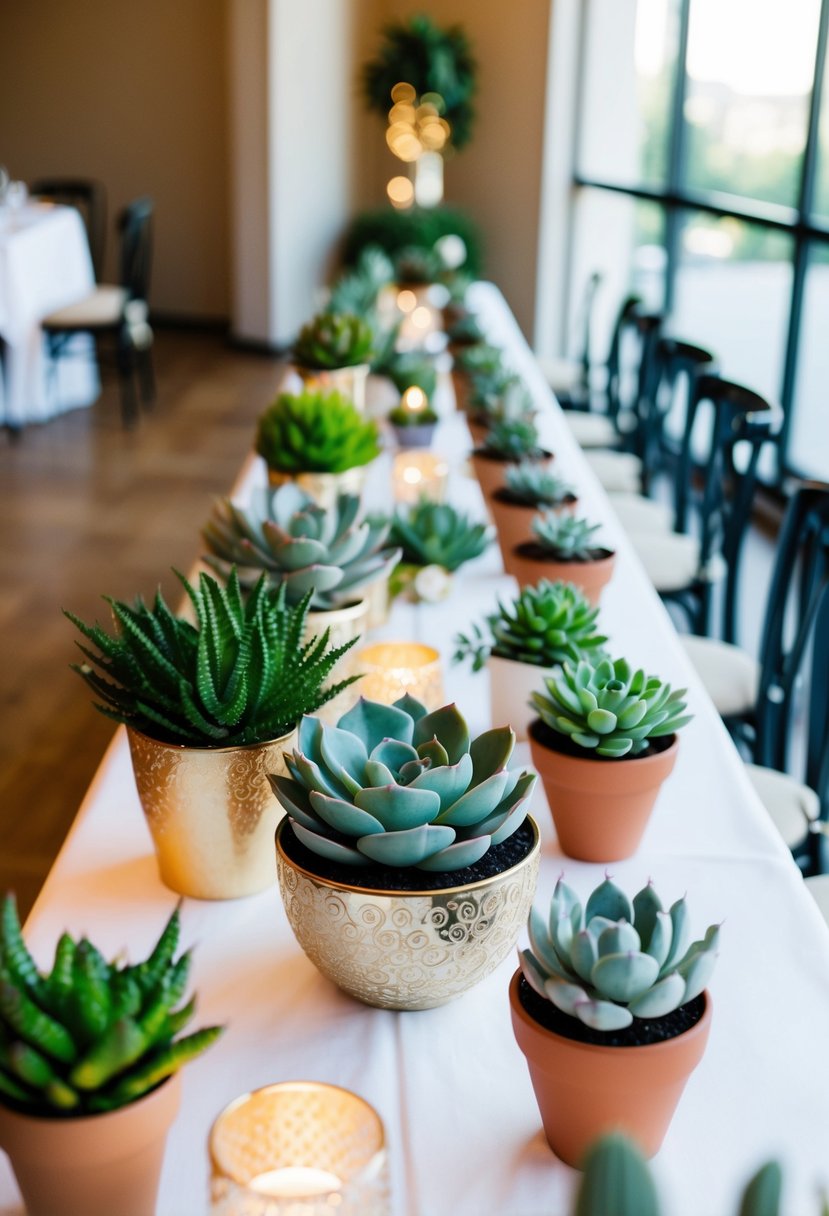 A table adorned with various succulent plants in decorative pots, arranged elegantly as wedding centerpieces