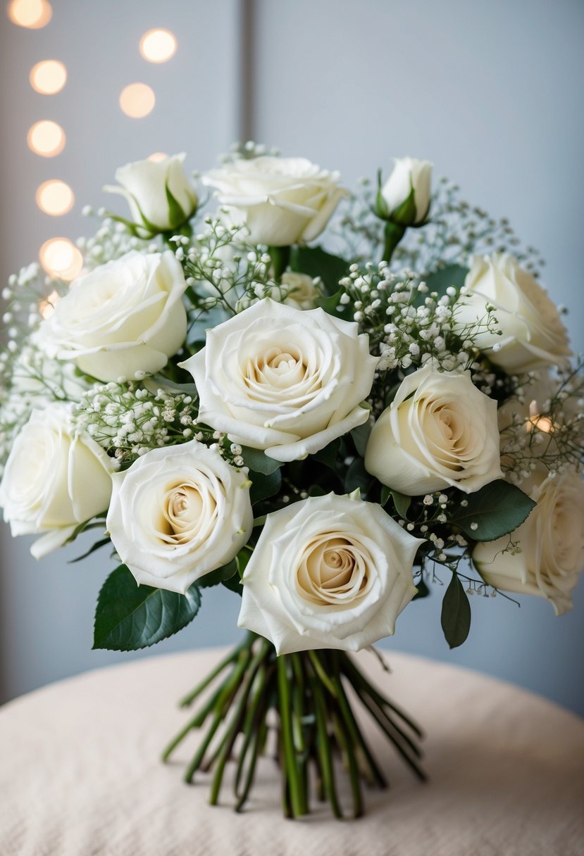 A bouquet of white roses and baby's breath arranged in a delicate and elegant composition