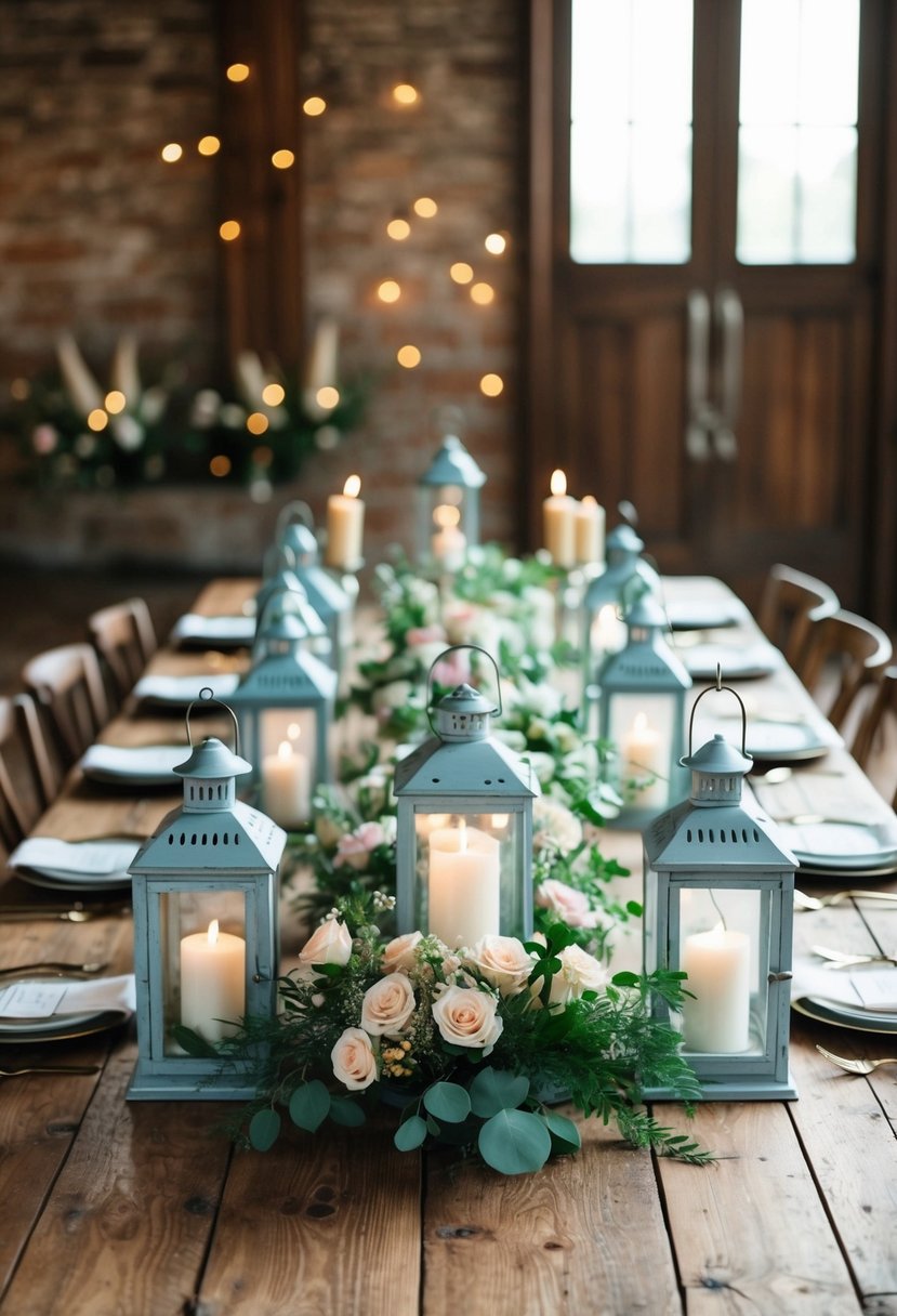 A rustic wooden table adorned with vintage lanterns and fresh floral arrangements