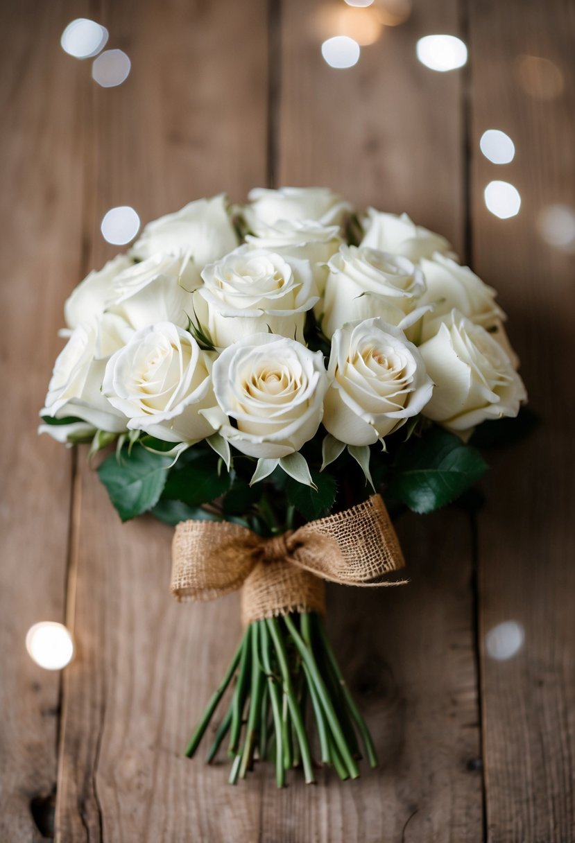 A rustic bouquet of white roses tied with burlap ribbon