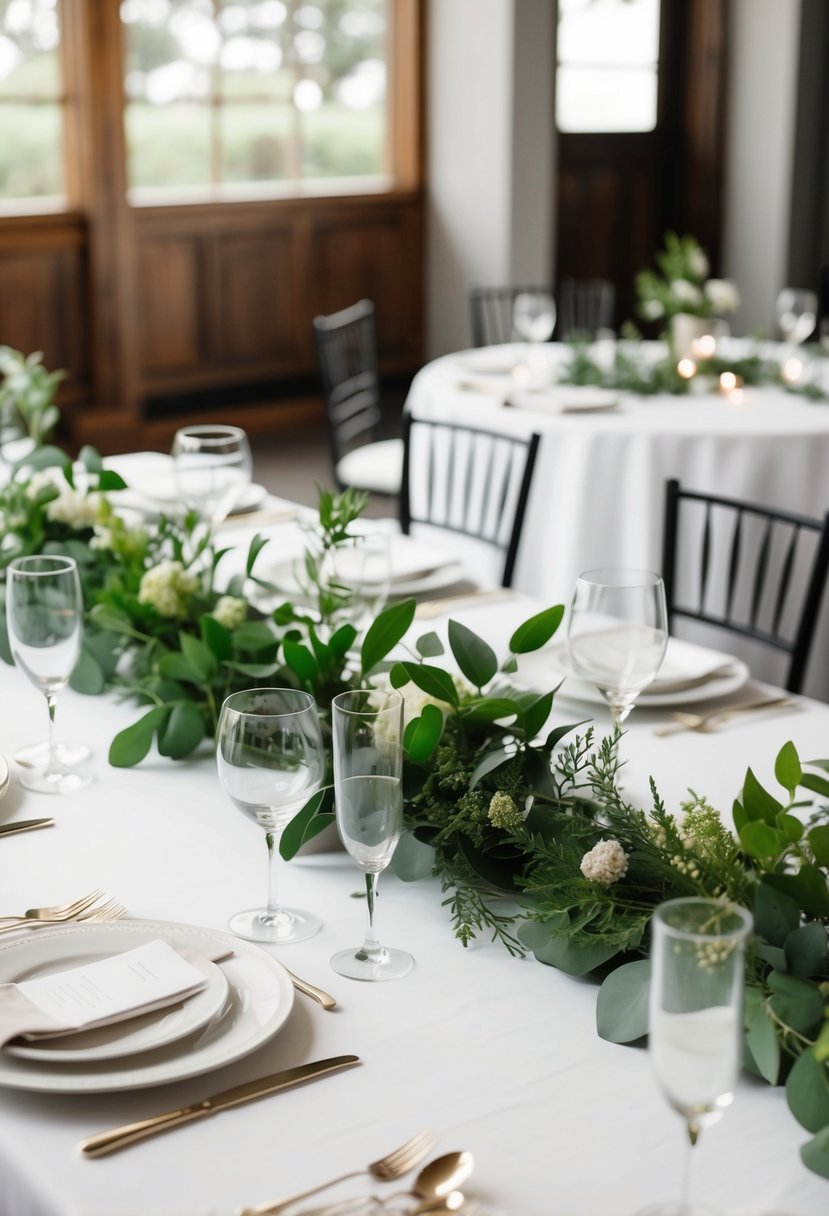 A white linen table adorned with fresh greenery and simple, elegant decorations