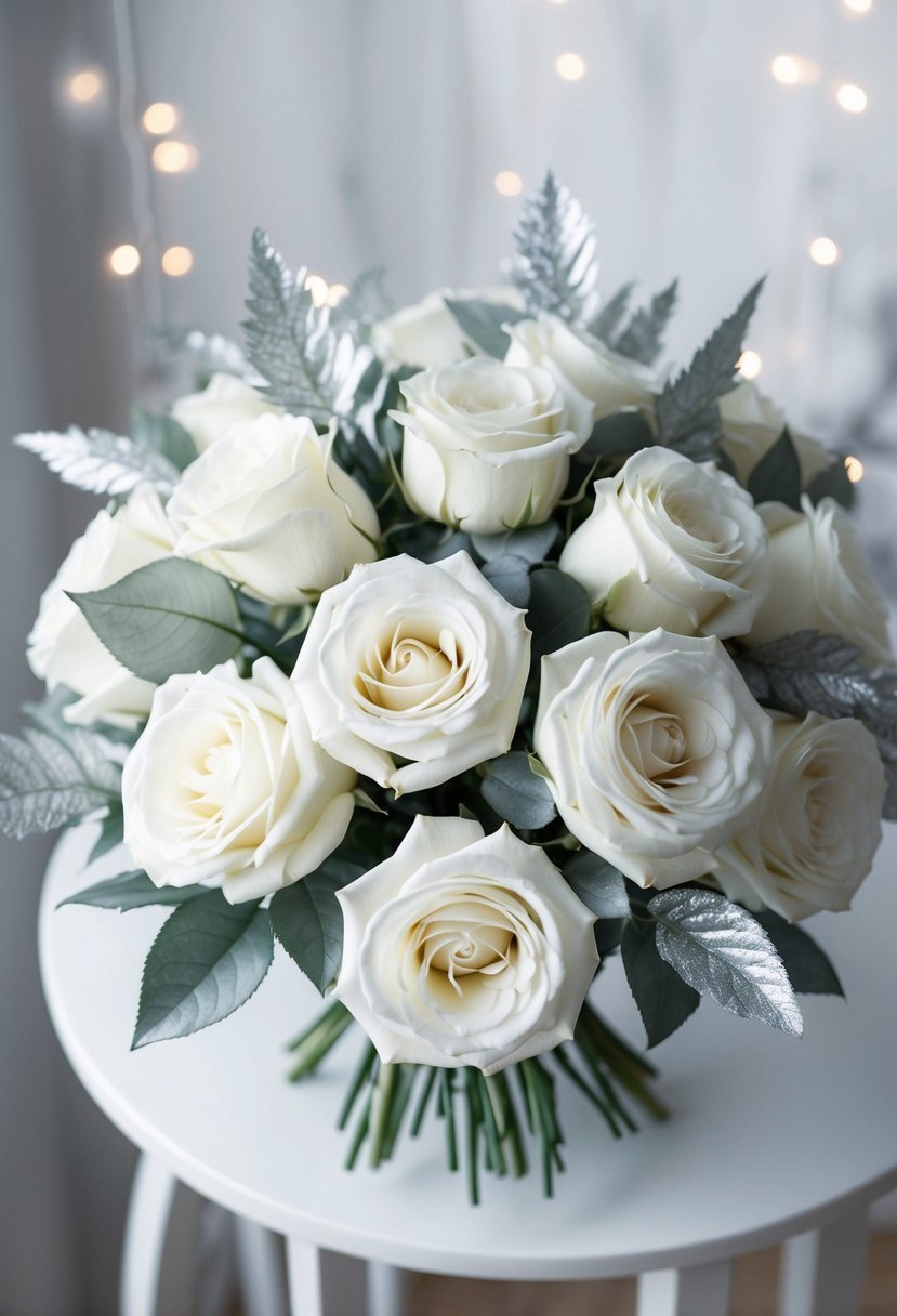 A bouquet of ethereal white roses with silver foliage, arranged in a delicate and elegant manner