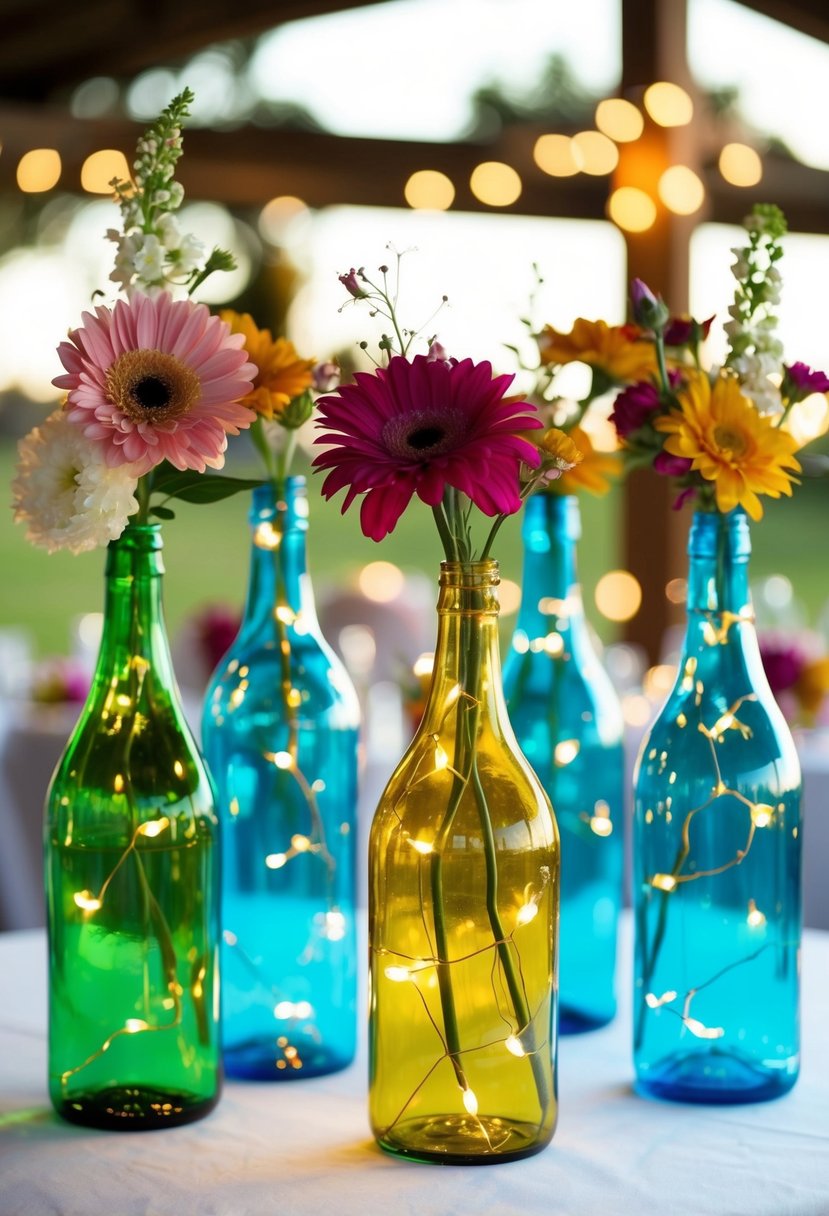 Vibrant glass bottles filled with flowers and fairy lights arranged on a wedding table