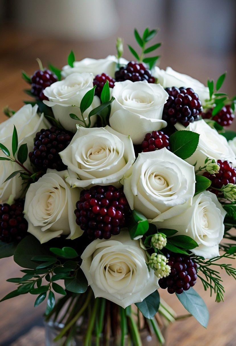 A bouquet of white roses and deep plum berries arranged in a delicate and elegant wedding bouquet